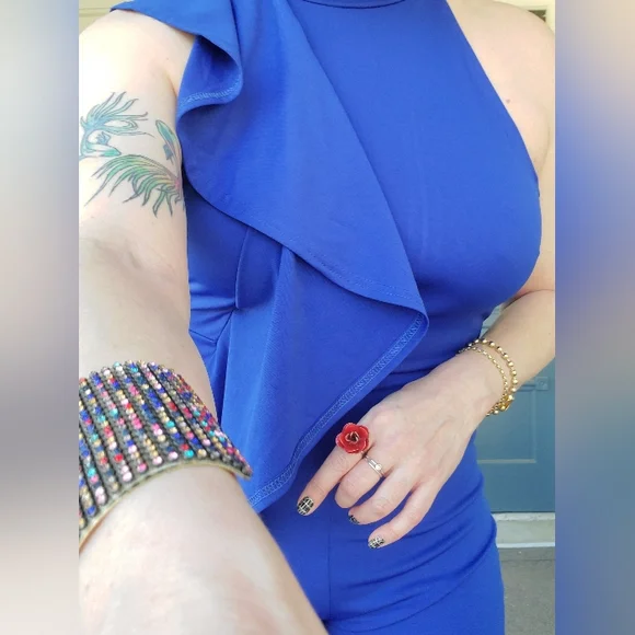 EUC Royal Blue Asymmetrical Ruffled Bodysuit Bodycon Sz L - Picture 2 of 6